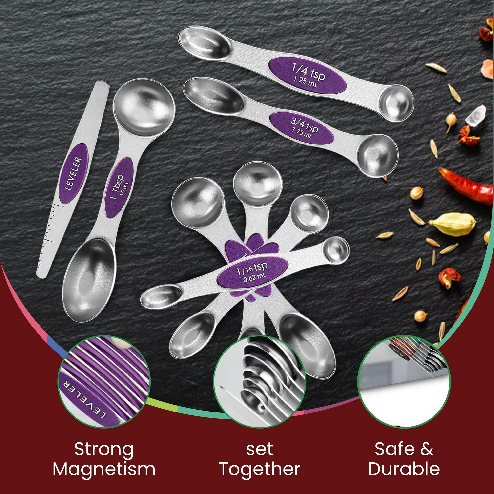 Magnetic Measuring Spoons Set of 9 Stainless Steel Dual-Sided Stackable