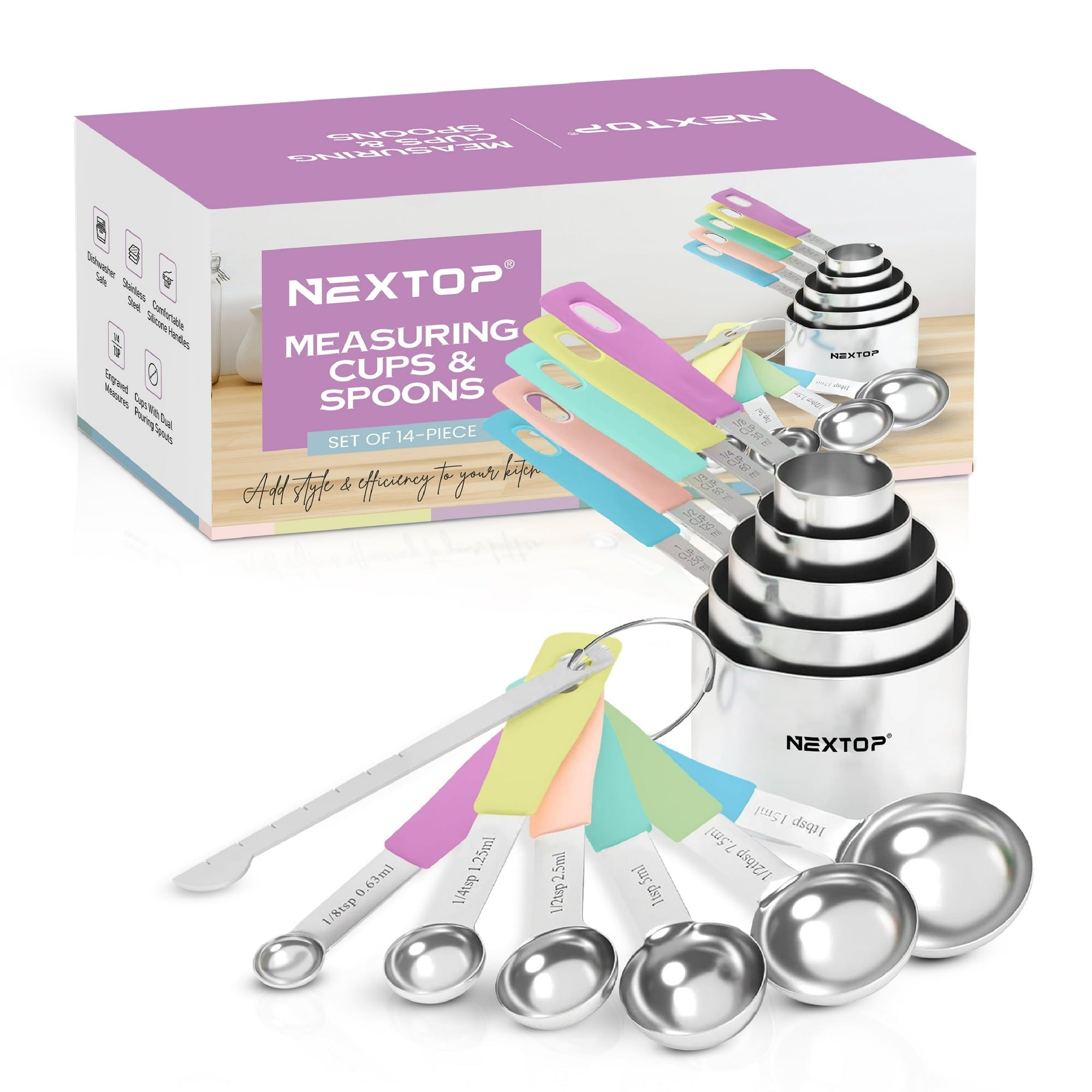 14-Piece Stainless Steel Measuring Cups and Spoons Set with 1/8 Teaspoon, 1/8 Cup Set