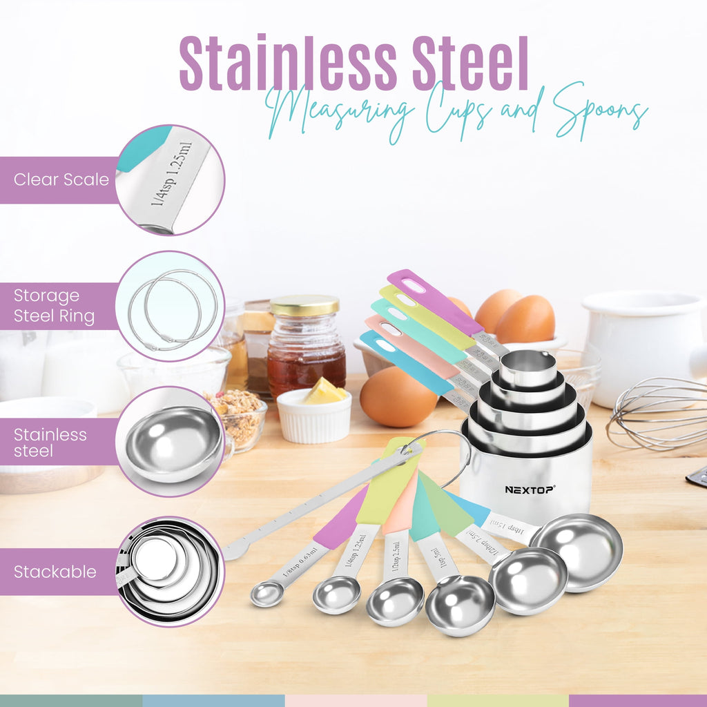 14-Piece Stainless Steel Measuring Cups and Spoons Set with 1/8 Teaspoon, 1/8 Cup Set