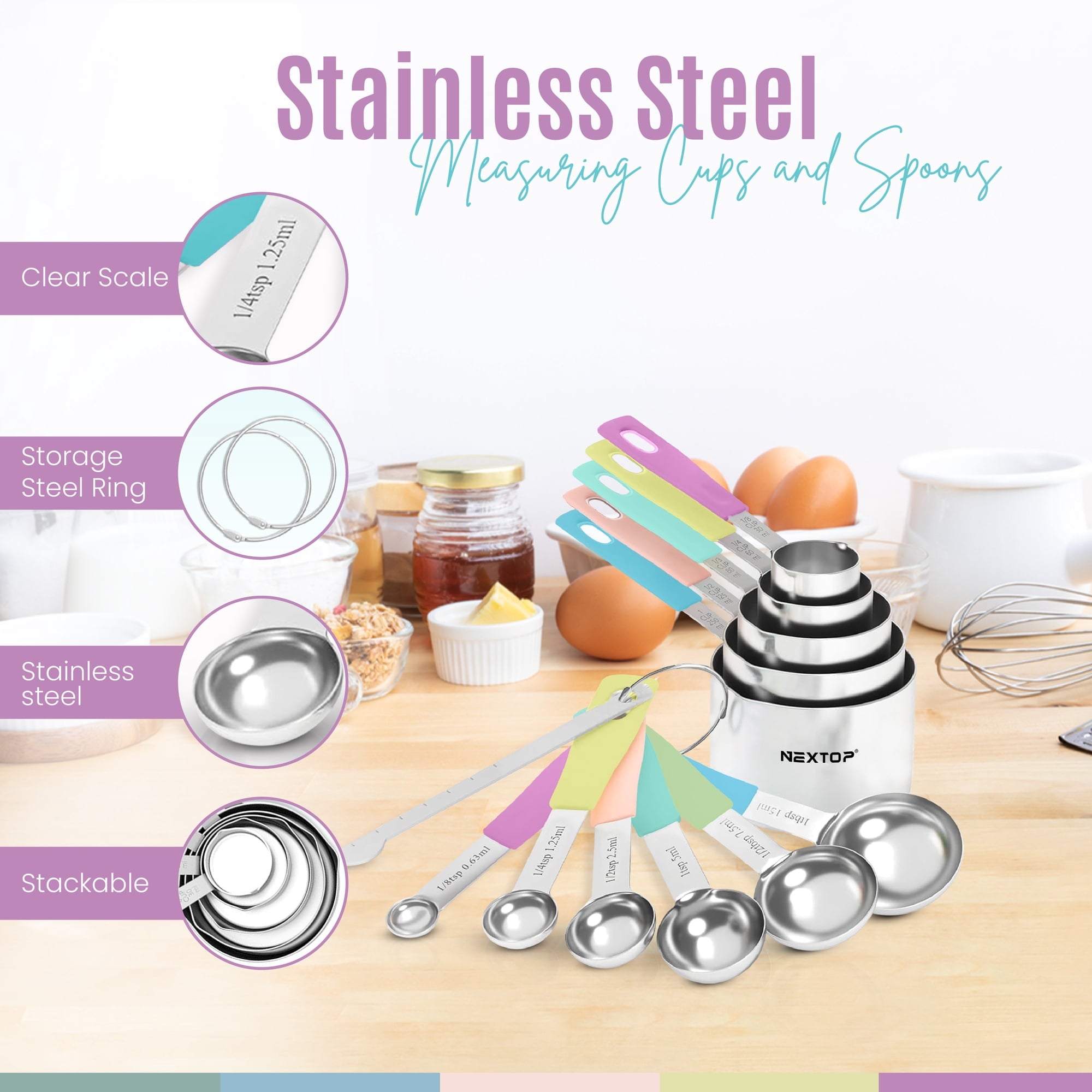 14-Piece Stainless Steel Measuring Cups and Spoons Set with 1/8 Teaspoon, 1/8 Cup Set